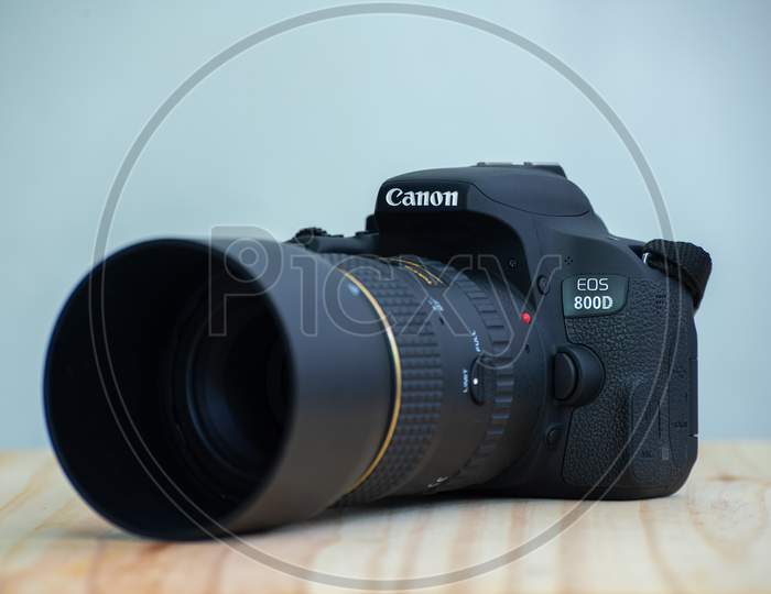 Galle, Sri Lanka - 02 18 2021: Canon Eos Rebel T7I Dslr Camera And A Prime Lens With The Lens Hood On, Canon Logo On Top With The Model Name.