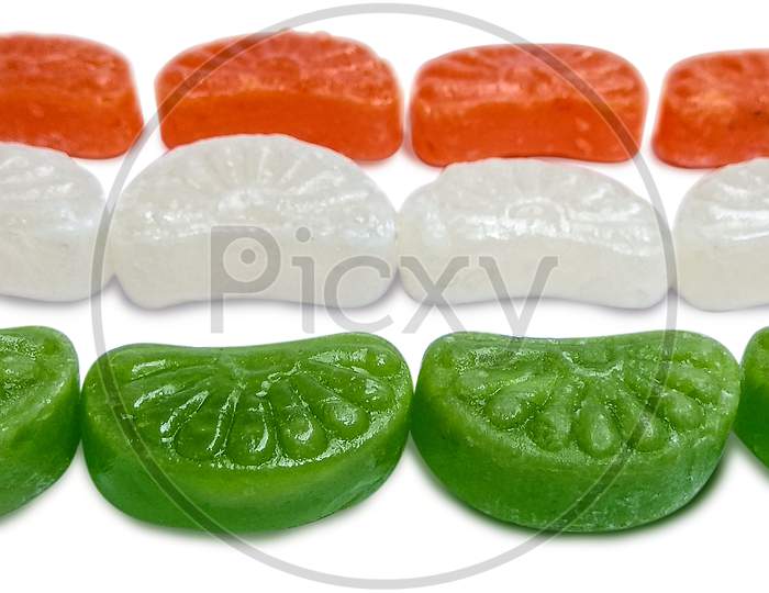 Beautiful Candy Gems on White in the shape of Indian Flag colours