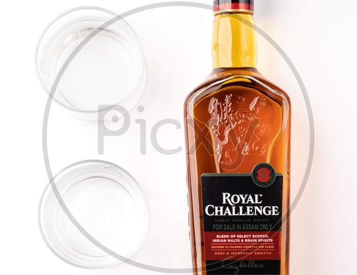 Assam, india - April 18, 2021 : Royal challenge whisky bottle stock image.