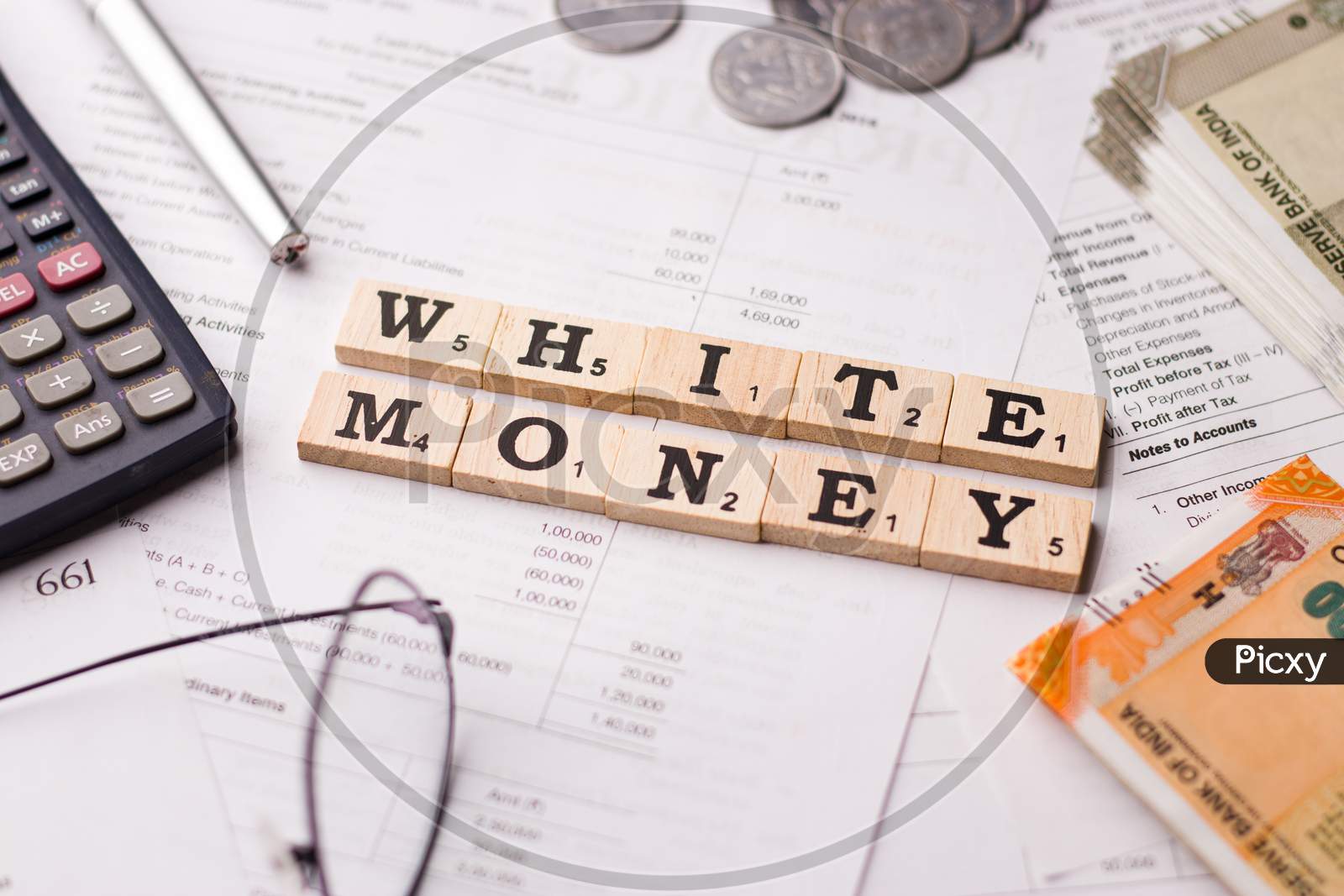 Assam, india - March 30, 2021 : Word WHITE MONEY written on wooden cubes stock image.