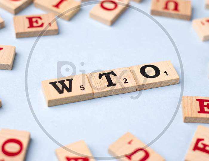 Assam, india - March 30, 2021 : Word WTO written on wooden cubes stock image.