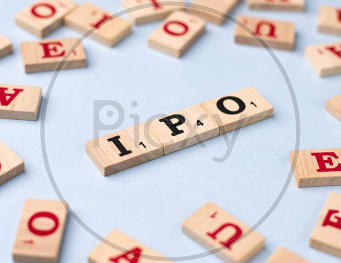 Assam, india - March 30, 2021 : Word IPO written on wooden cubes stock image.