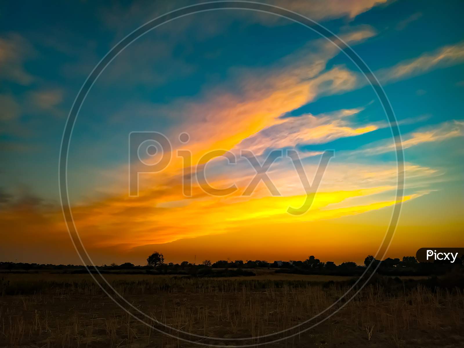 Field Under The Gorgeous Yellow And Blue Sunset Sky