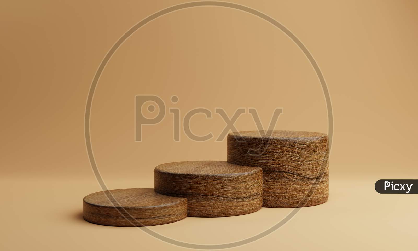 Three Brown Staircase Shape Wooden Round Cylinder Product Stage Podium On Orange Background. Minimal Fashion Theme. Geometry Exhibition Stage Mockup Concept. 3D Illustration Rendering Graphic Design