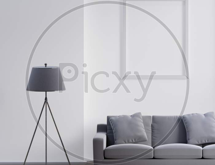 Luxury Modern Interior Of White And Gray Tone Living Room Home Decor Concept Background. Three Legs Electric Lamp And Empty Picture Frame On Marble Wall And Floor. 3D Illustration Rendering Graphic