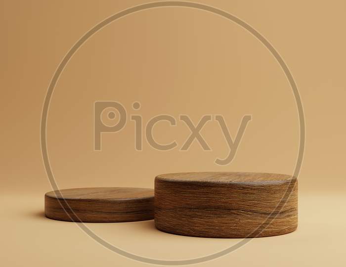 Two Brown Wooden Round Cylinder Product Stage Podium On Orange Background. Minimal Fashion Theme. Geometry Exhibition Stage Mockup Concept. 3D Illustration Rendering Graphic Design