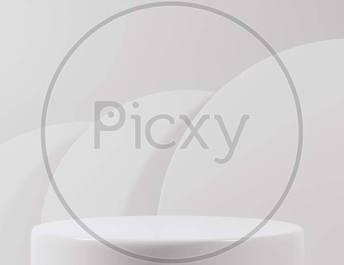 White Product Stand On White Background. Abstract Minimal Geometry Concept. Studio Podium Platform Theme. Exhibition And Business Marketing Presentation Stage. 3D Illustration Rendering Graphic Design