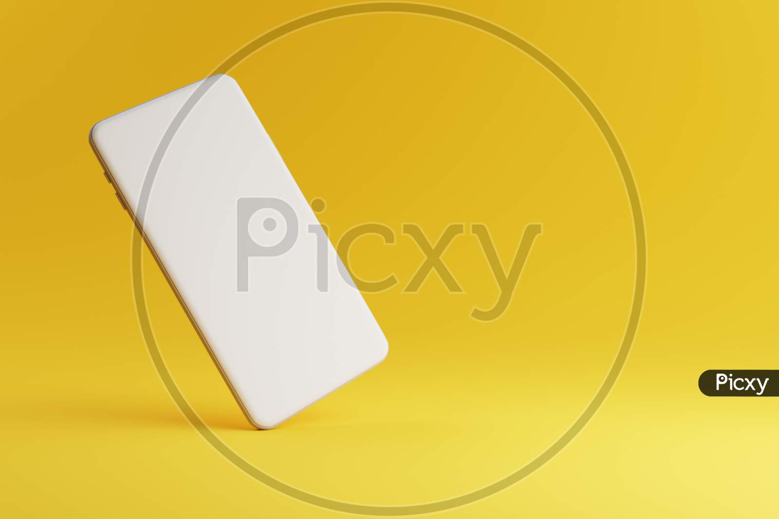 Mobile Phone Mockup With White Blank Screen On Yellow Background With Copy Space. Technology And Communication Gadget Concept. 3D Illustration Rendering Graphic Design