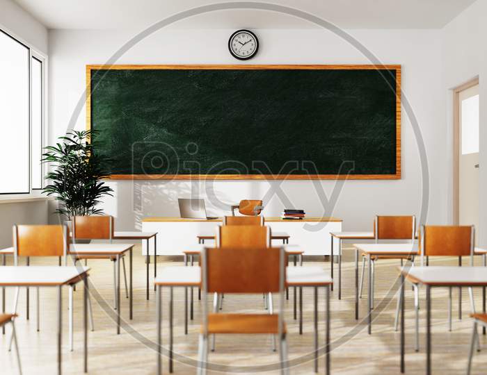 Empty White Classroom Background With Green Chalkboard Table And Seat On Wooden Floor. Education And Back To School Concept. Architecture Interior. Social Distancing Theme. 3D Illustration Rendering