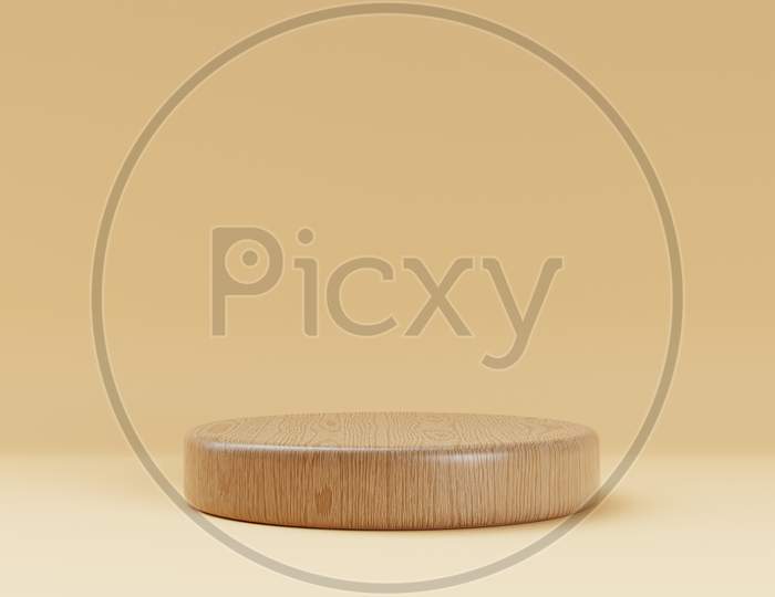 One Brown Wooden Round Cylinder Prodone Brown Wooden Round Cylinder Product Stage Podium On Orange Background. Minimal Fashion Theme. Geometry Exhibition Stage Mockup Concept. 3D Illustration Rendering Graphic Design