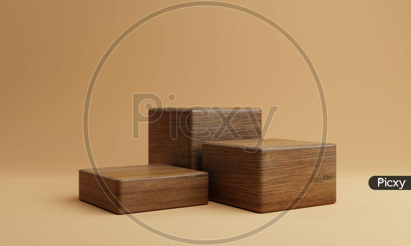 Three Brown Wooden Rectangle Cube Product Stage Podium On Orange Background. Minimal Fashion Theme. Geometry Exhibition Stage Mockup Concept. 3D Illustration Rendering Graphic Design