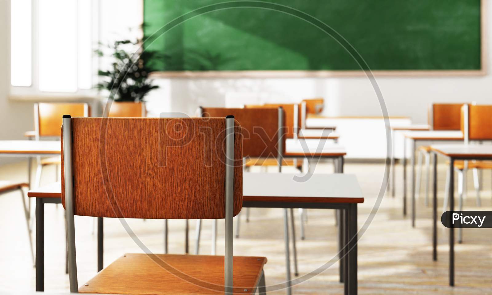 Closeup Student Chair Back Seat And Desk In Classroom Background With On Wooden Floor. Education And Back To School Concept. Architecture Interior. Social Distancing Theme. 3D Illustration Rendering