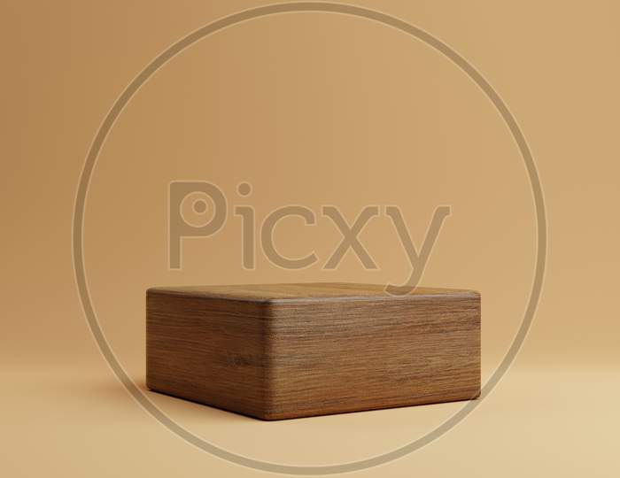 One Brown Wooden Rectangle Cube Product Stage Podium On Orange Background. Minimal Fashion Theme. Geometry Exhibition Stage Mockup Concept. 3D Illustration Rendering Graphic Design