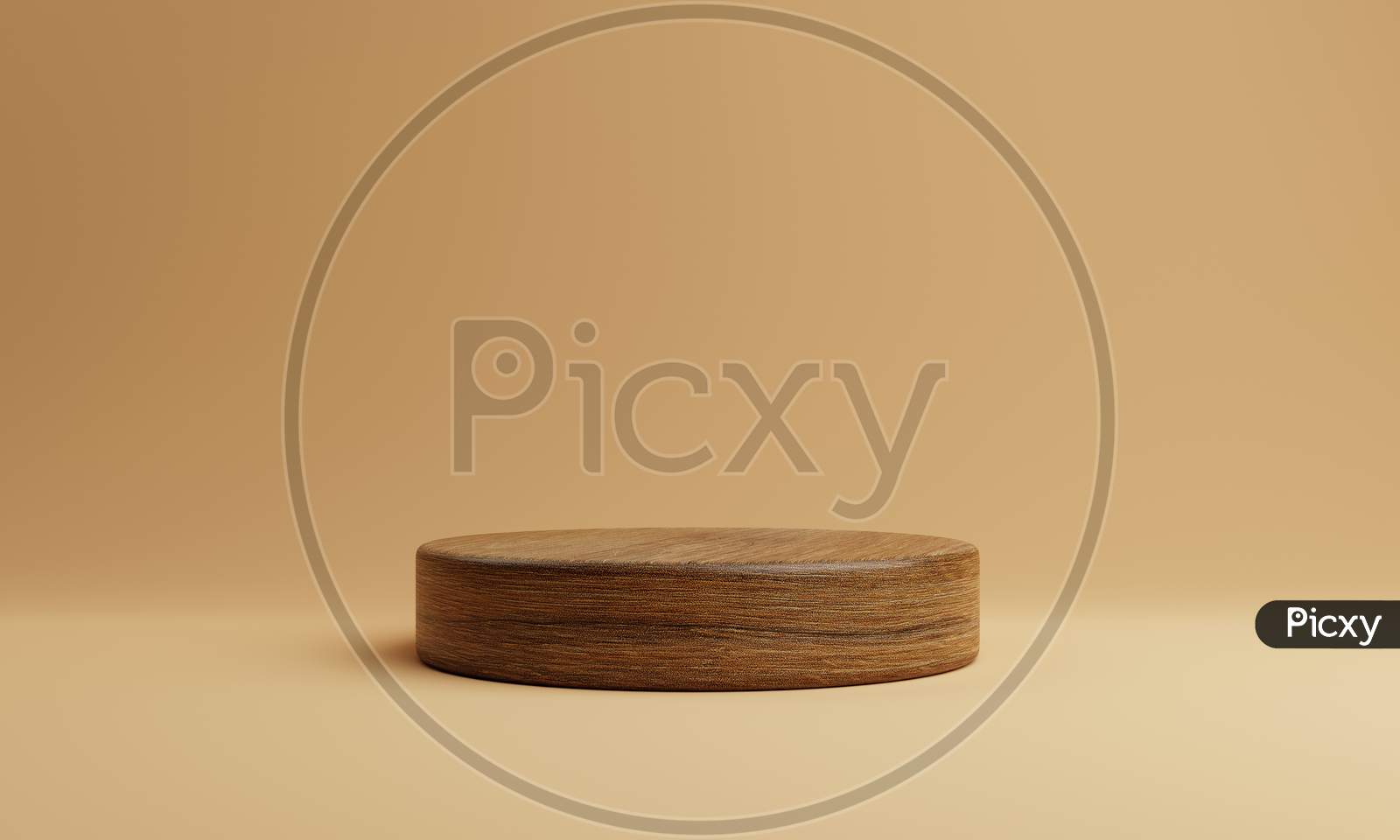 One Brown Wooden Round Cylinder Product Stage Podium On Orange Background. Minimal Fashion Theme. Geometry Exhibition Stage Mockup Concept. 3D Illustration Rendering Graphic Design