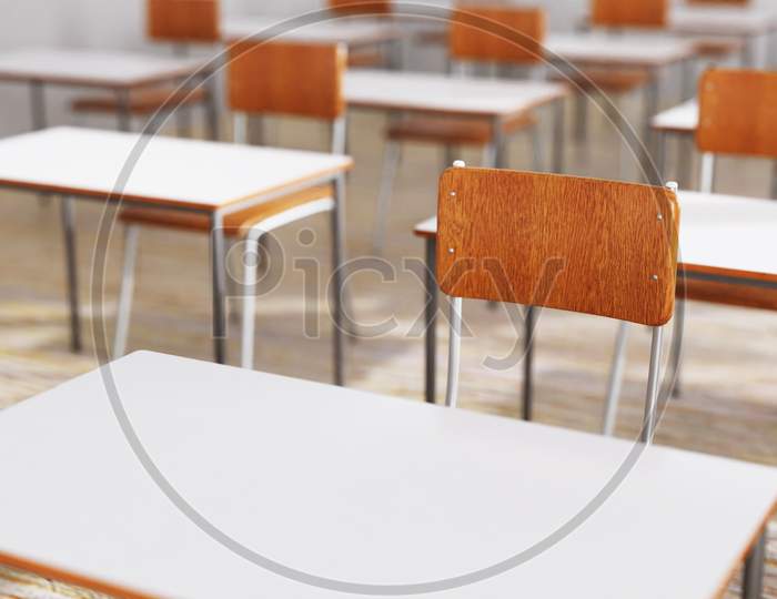 Closeup Student Chair Seat And Desk In Classroom Background With On Wooden Floor. Education And Back To School Concept. Architecture Interior. Social Distancing Theme. 3D Illustration Rendering