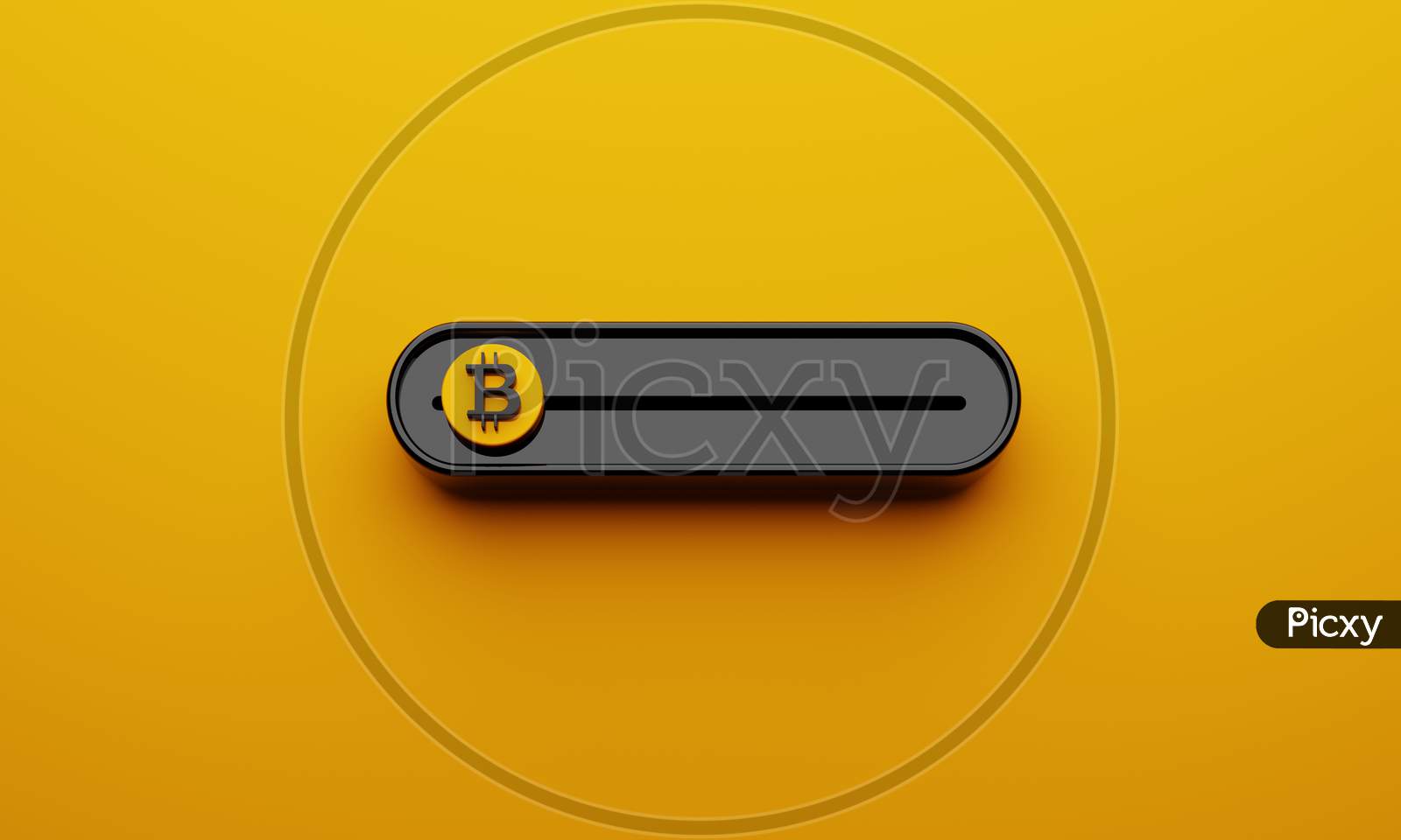Black Crypto Currencies Bitcoin Slide Bar On Yellow Background. Slider For Making Profit By Sell Or Buy In Btc Theme. Economic And Business Investment Concept. 3D Illustration Rendering Graphic Design