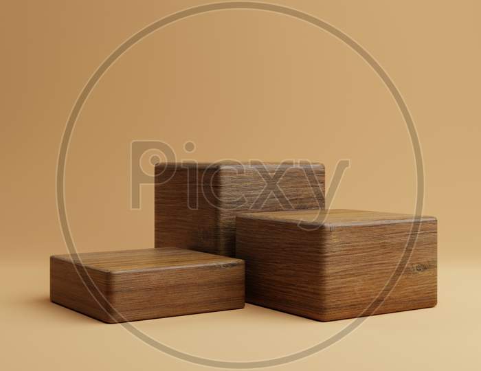 Three Brown Wooden Rectangle Cube Product Stage Podium On Orange Background. Minimal Fashion Theme. Geometry Exhibition Stage Mockup Concept. 3D Illustration Rendering Graphic Design