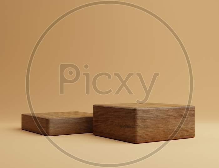Two Brown Wooden Rectangle Cube Product Stage Podium On Orange Background. Minimal Fashion Theme. Geometry Exhibition Stage Mockup Concept. 3D Illustration Rendering Graphic Design