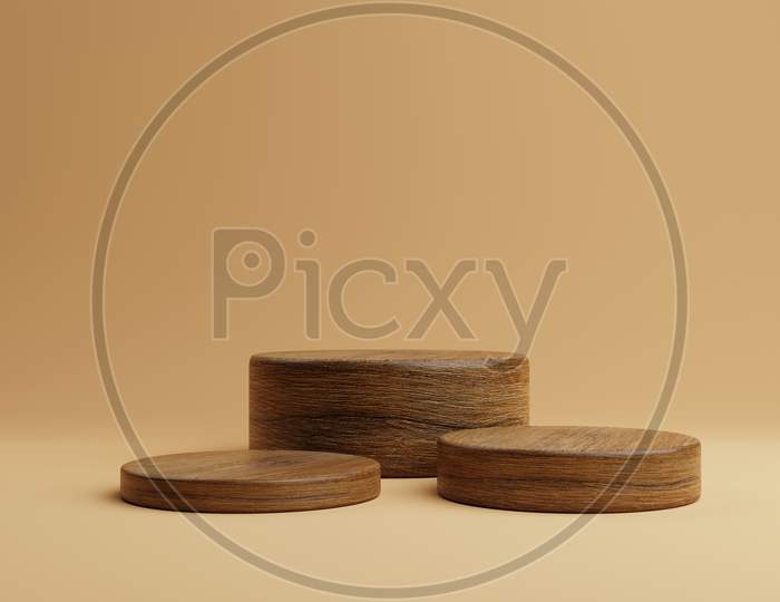 Three Brown Wooden Round Cylinder Product Stage Podium On Orange Background. Minimal Fashion Theme. Geometry Exhibition Stage Mockup Concept. 3D Illustration Rendering Graphic Design
