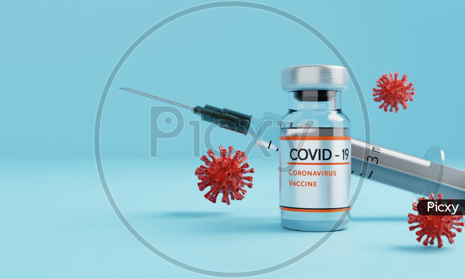 Coronavirus Vaccine Bottle With Injection Syringe And Virus On Blue Background. Health And Medical Concept. 3D Illustration Rendering Graphic Design
