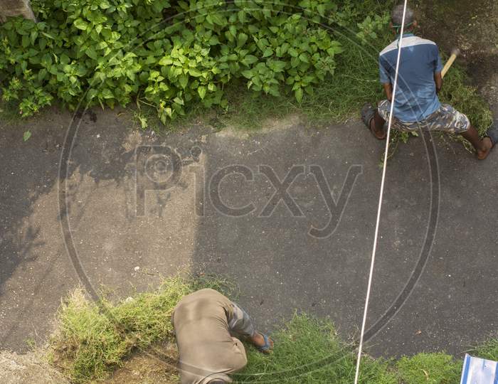 29Th May, 2021, Kolkata, West Bengal India: Few Sweeping Staffs Cleaning Road By Cutting Unwanted Grasses.