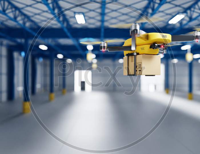 Delivery Drone Transferring Parcel Into Empty Storage As Business Startup Factory Or Shipping Company For Component Part Assembling Courier. Innovative Technology. 3D Illustration Rendering