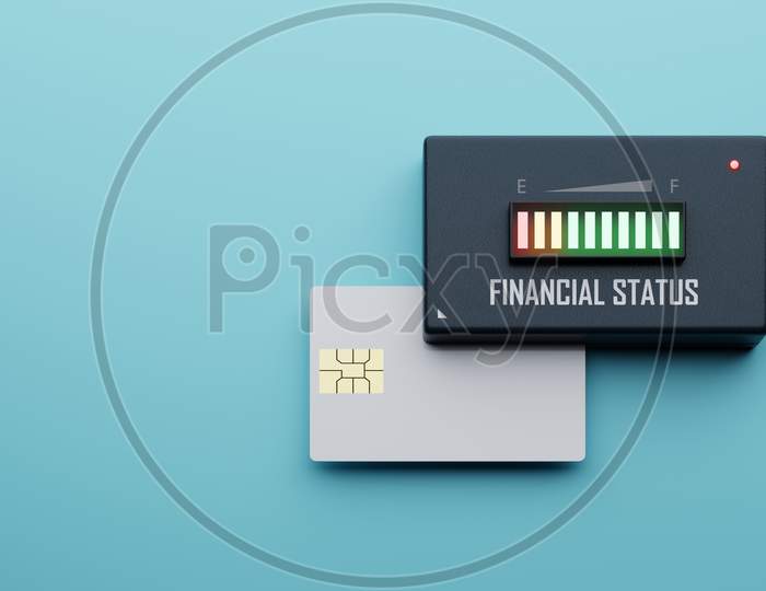 Credit Card Financial Status Balance Checking Device On Blue Background. Business Economy And Investment Concept. Cash Flow Electronic Indicator Machine Theme. 3D Illustration Rendering Graphic Design