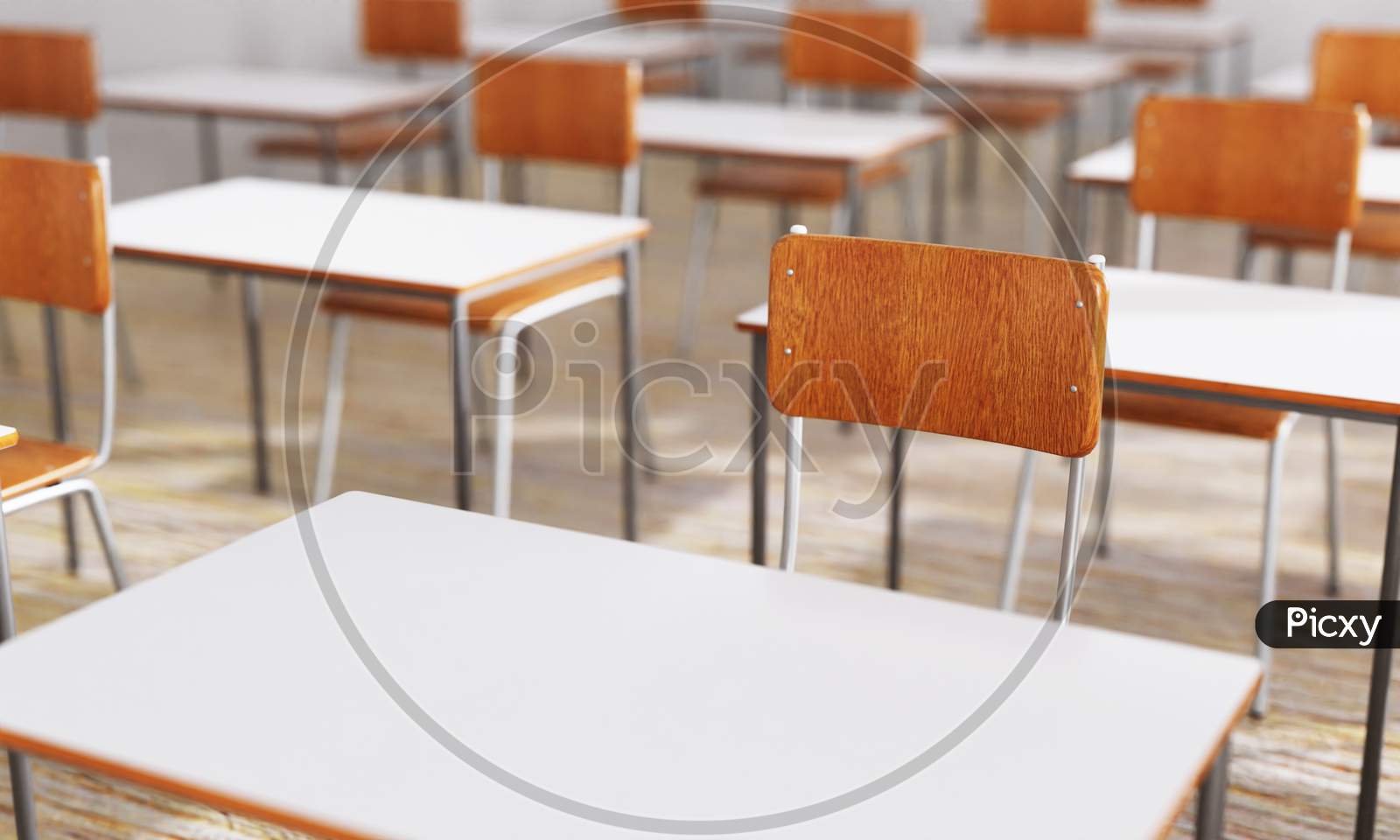 Closeup Student Chair Seat And Desk In Classroom Background With On Wooden Floor. Education And Back To School Concept. Architecture Interior. Social Distancing Theme. 3D Illustration Rendering