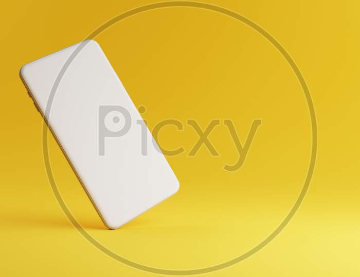 Mobile Phone Mockup With White Blank Screen On Yellow Background With Copy Space. Technology And Communication Gadget Concept. 3D Illustration Rendering Graphic Design