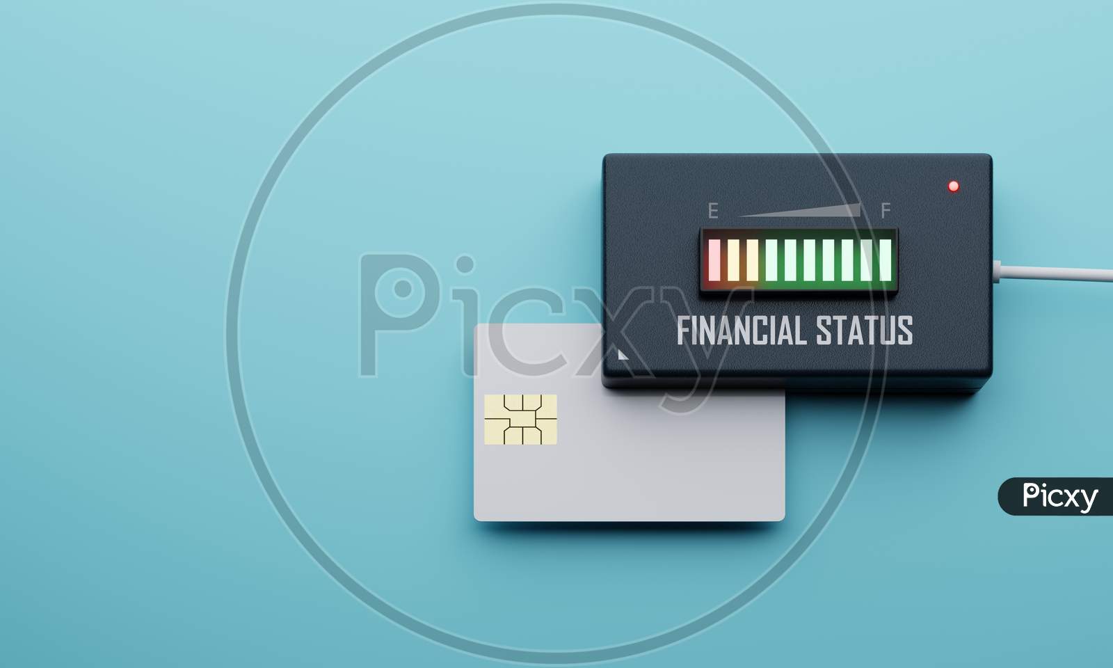 Credit Card Financial Status Balance Checking Device On Blue Background. Business Economy And Investment Concept. Cash Flow Electronic Indicator Machine Theme. 3D Illustration Rendering Graphic Design
