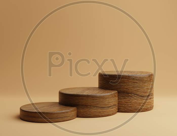 Three Brown Staircase Shape Wooden Round Cylinder Product Stage Podium On Orange Background. Minimal Fashion Theme. Geometry Exhibition Stage Mockup Concept. 3D Illustration Rendering Graphic Design