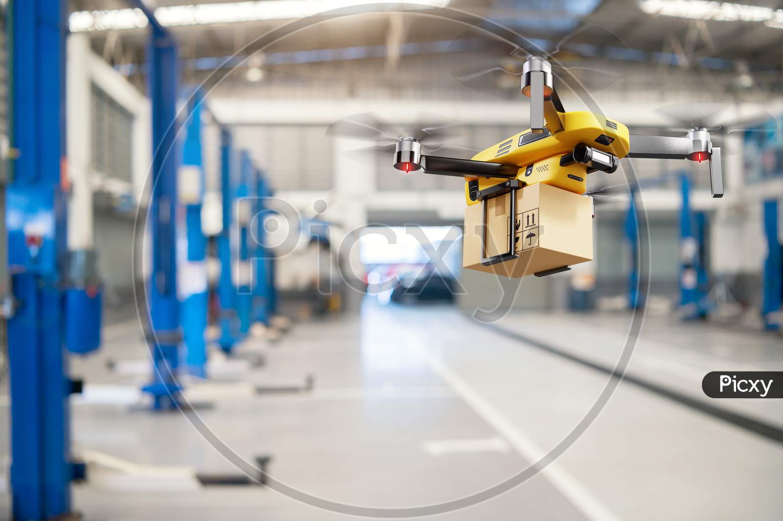 Flying Delivery Drone Transferring Parcel Box From Distribution Warehouse To Automotive Garage Customer Service Repair Center Background. Modern Innovative Technology And Gadget Concept.