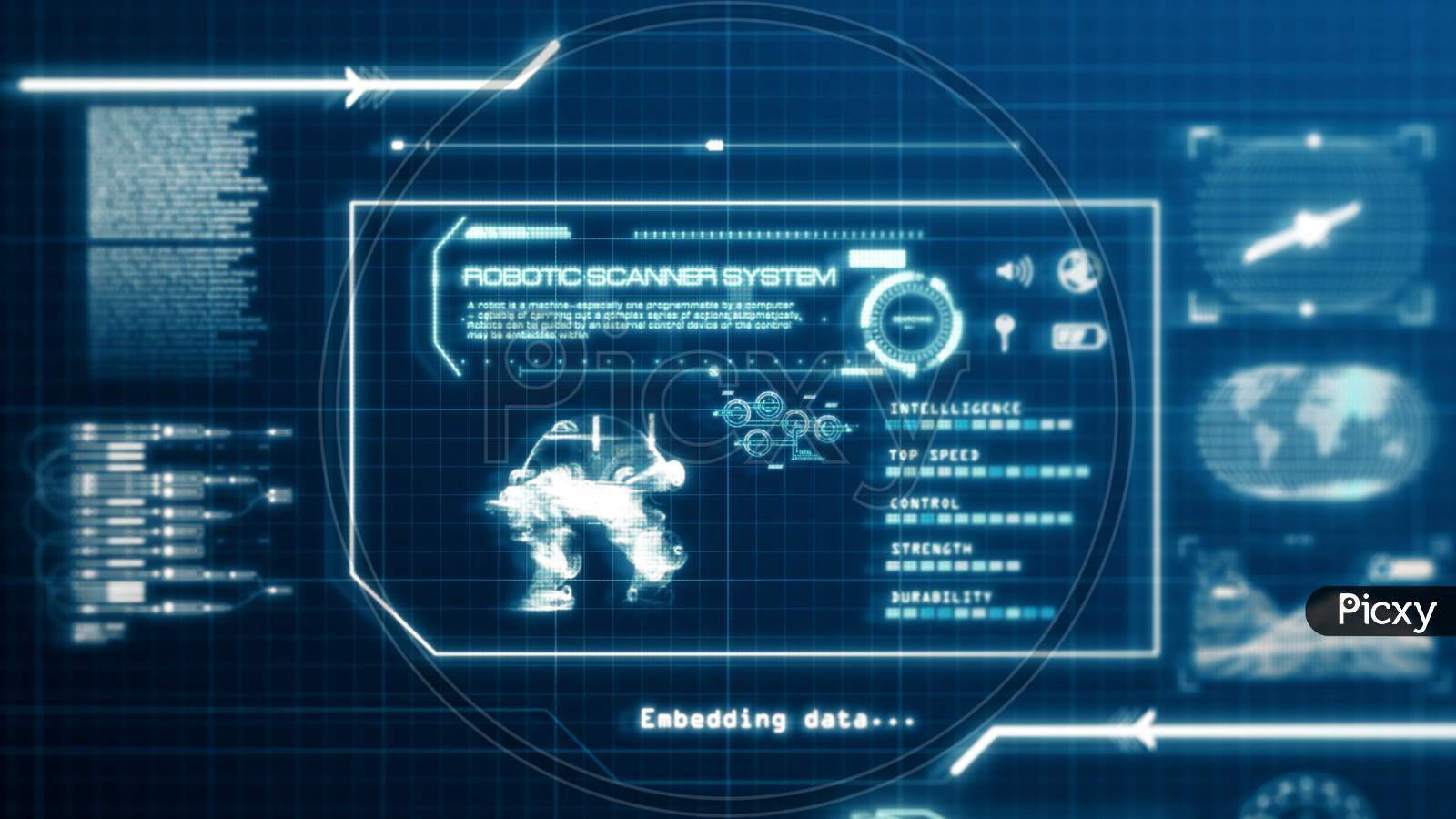 Hud Robot Scanning System Ability User Interface Computer Screen Display With Pixels Background. Blue Abstract Hologram Holographic Technology Concept. Sci-Fi. 3D Illustration Rendering Graphic Design