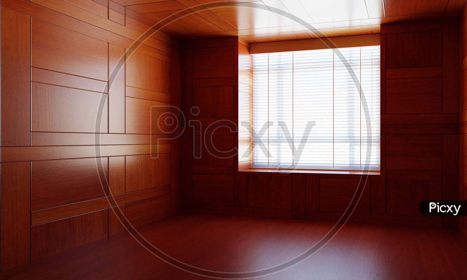 Empty Asian Style Wooden Room With Window. Japanese Modern Design With The Wood Plank. Architecture And Interior Concept. 3Dillustration Rendering