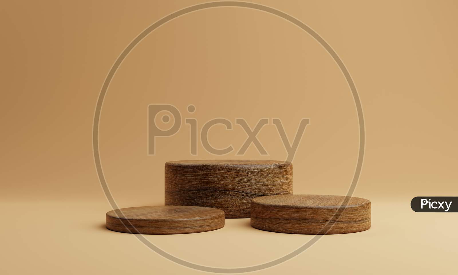 Three Brown Wooden Round Cylinder Product Stage Podium On Orange Background. Minimal Fashion Theme. Geometry Exhibition Stage Mockup Concept. 3D Illustration Rendering Graphic Design