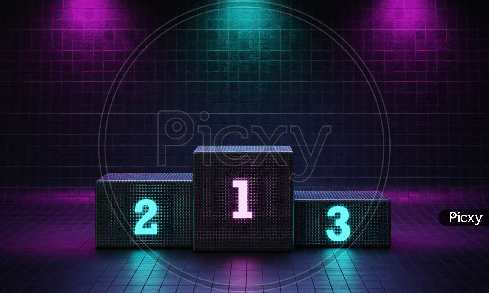 Cyberpunk Cube Winner Podium On Spotlight Background With Neon Emission Number Place. Futuristic Scene Style Concept. Studio Platform. Exhibition And Presentation Stage. 3D Illustration Render Graphic