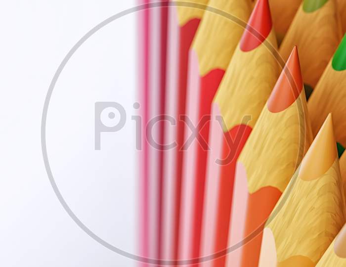 Close Up Colored Pencils With Copy Space Background. Multi-Colors Pencils On White Background. Education Learning In Art And Paint Class And Back To School Concept. 3D Illustration Rendering