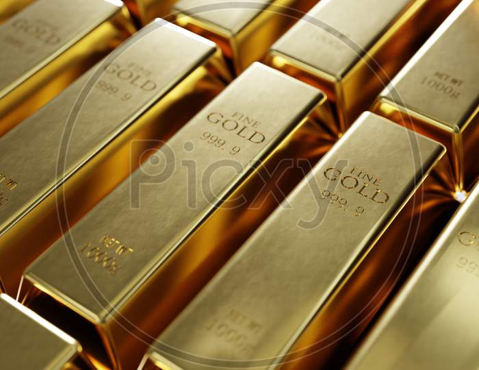 Shiny Pure Gold Bars In A Row Background. Wealth And Economic Concept. Business Gold Future Investment And Money Saving Theme. 3D Illustration Rendering Graphic Design
