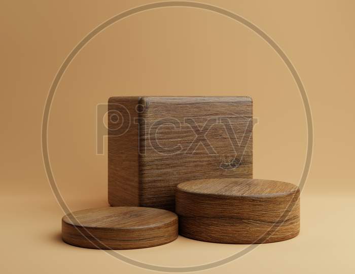 Three Brown Wooden Rectangle Cube And Round Cylinder Product Stage Podium On Orange Background. Minimal Fashion Theme. 3D Illustration Rendering Graphic Design