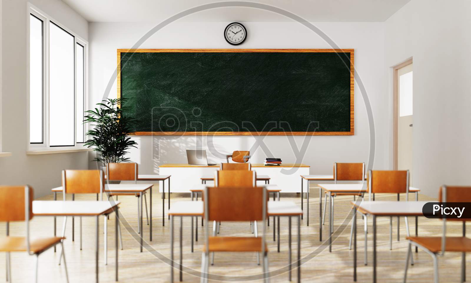 Empty White Classroom Background With Green Chalkboard Table And Seat On Wooden Floor. Education And Back To School Concept. Architecture Interior. Social Distancing Theme. 3D Illustration Rendering