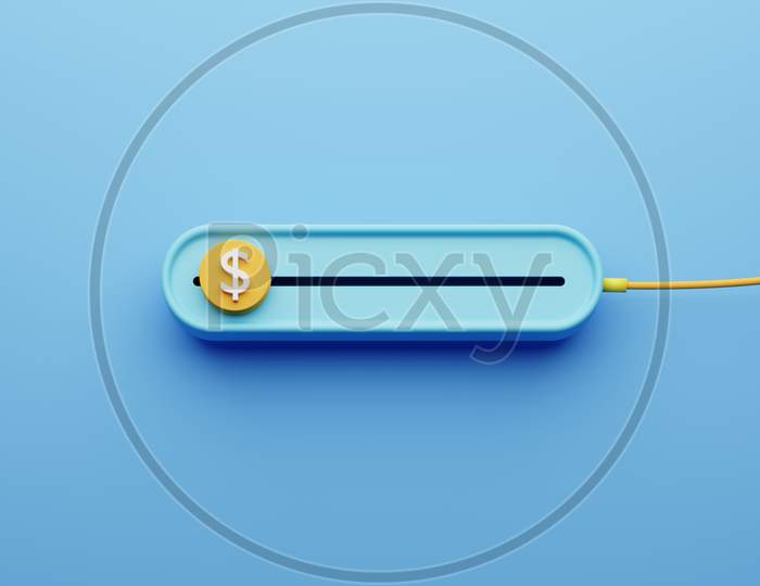 Us Dollar Slide Bar On Blue Background. Slider For Making Profit By Sell Or Buy In Forex Stock Market Theme. Economic And Business Investment Concept. 3D Illustration Rendering Graphic Design