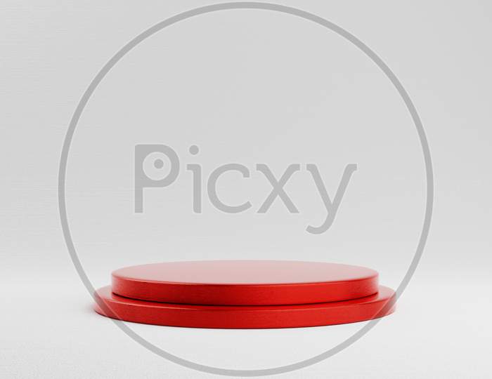 Red Round Cylinder Product Showcase On White Background. Abstract Minimal Geometry Concept. Studio Podium Platform. Exhibition Presentation Stage. 3D Illustration Render Graphic Design