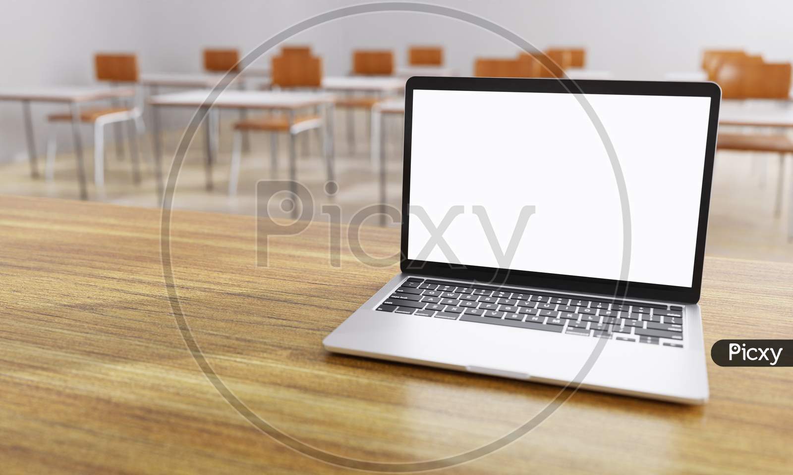 Close Up Of White Isolated Cut Out Laptop Monitor Display With Classroom Background. Education And Telecommunication Learning And Lecture Concept. Social Distancing Theme. 3D Illustration Rendering