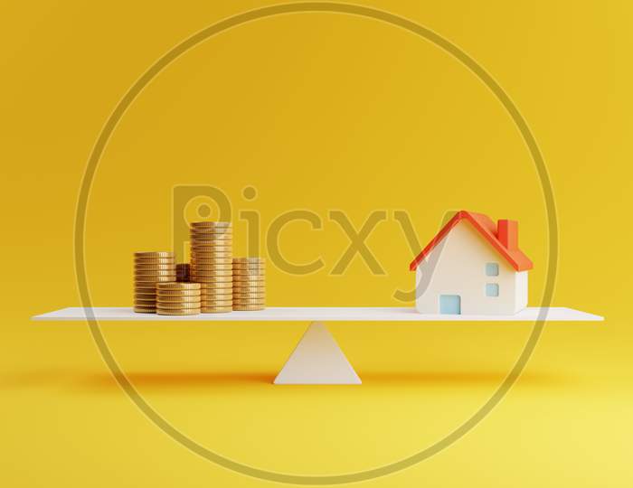 House And Coin On Balancing Scale On Yellow Background. Real Estate Business Mortgage Investment And Financial Loan Concept. Money Saving And Cashflow Theme. 3D Illustration Rendering Graphic Design