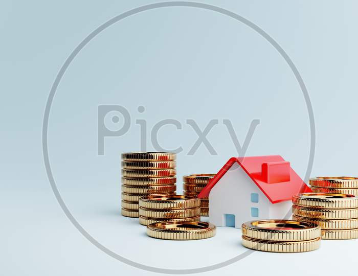 Real Estate House And Golden Coins On Blue Background. Business Mortgage Investment And Financial Loan Concept. Money Saving And Cashflow Theme. 3D Illustration Rendering Graphic Design