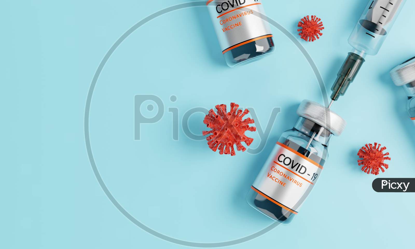 Coronavirus Vaccine Bottle With Injection Syringe And Virus On Blue Background. Health And Medical Concept. 3D Illustration Rendering Graphic Design