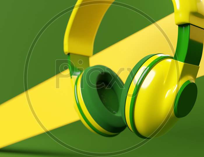 Green And Yellow  Classic Wired Headphones Isolated 3D Rendaring.  Headphone Icon Illustration. Audio Technology.