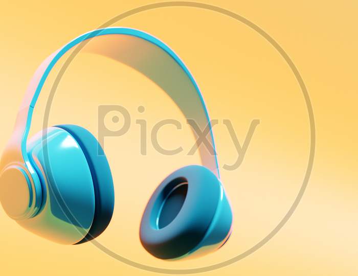3D Illustration Realistic  Blue   Headphones Isolated On   Yellow  Background.Sound Music Headphones. Audio Technology. Modern Headphones