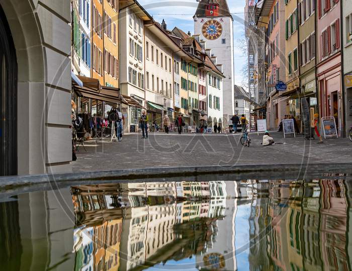 View To Spittelturm, A Gate Tower At The End Of Marktgasse In Old Town Bremgarten, Build In Year 1556.