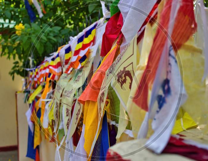 Colorful Tibetan Flags Tied At Dhamma Cakka, Sarnath In Varanasi In The State Of Uttar Pradesh, India